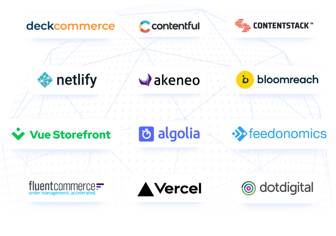 Illustrasjon Økosystempartnere Globe Deckcommerce Contentful Contentstack Netlify Akeneo